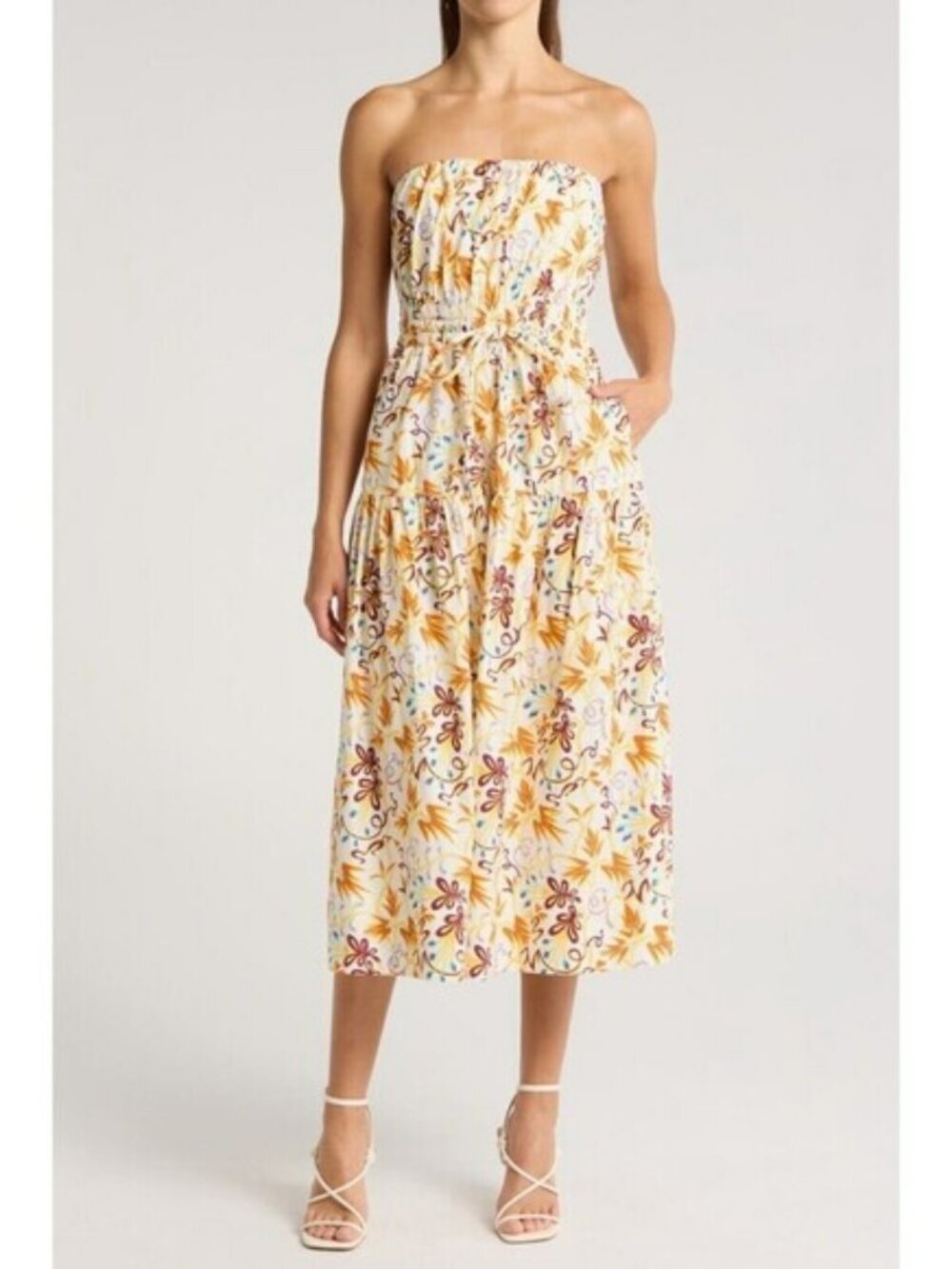 A.L.C. Clark Vibrant Multicolor Floral Strapless Cotton Midi Dress Size 2 Beach